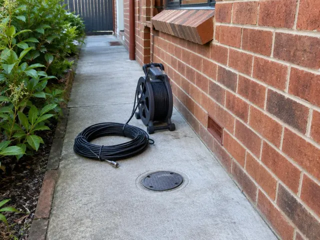 Capped round inspection opening on a concrete side path beside a brick house with a coiled drain camera reel in Balgowlah